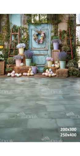 Tło fotograficzne z turkusowymi drzwiami, lawendą i pastelowymi jajkami | E580